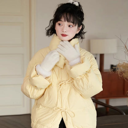 Creamy Yellow Short Down Jacket Scarf Two-piece