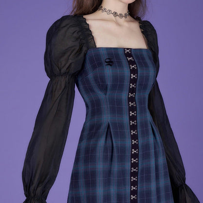 Dark blue French bubble long-sleeved waist slimming dress