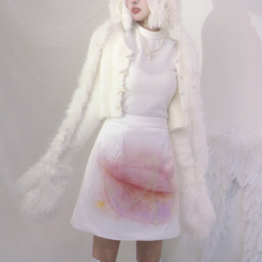 Descends bunny print quilted velvet short skirt