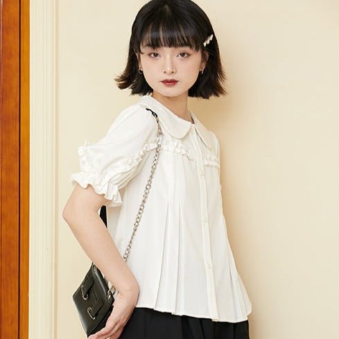 Doll collar white shirt  short-sleeved puff-sleeved shirt