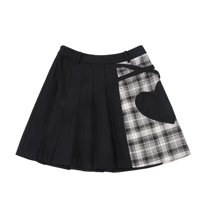 Black plaid pleated love stitching A-line skirt