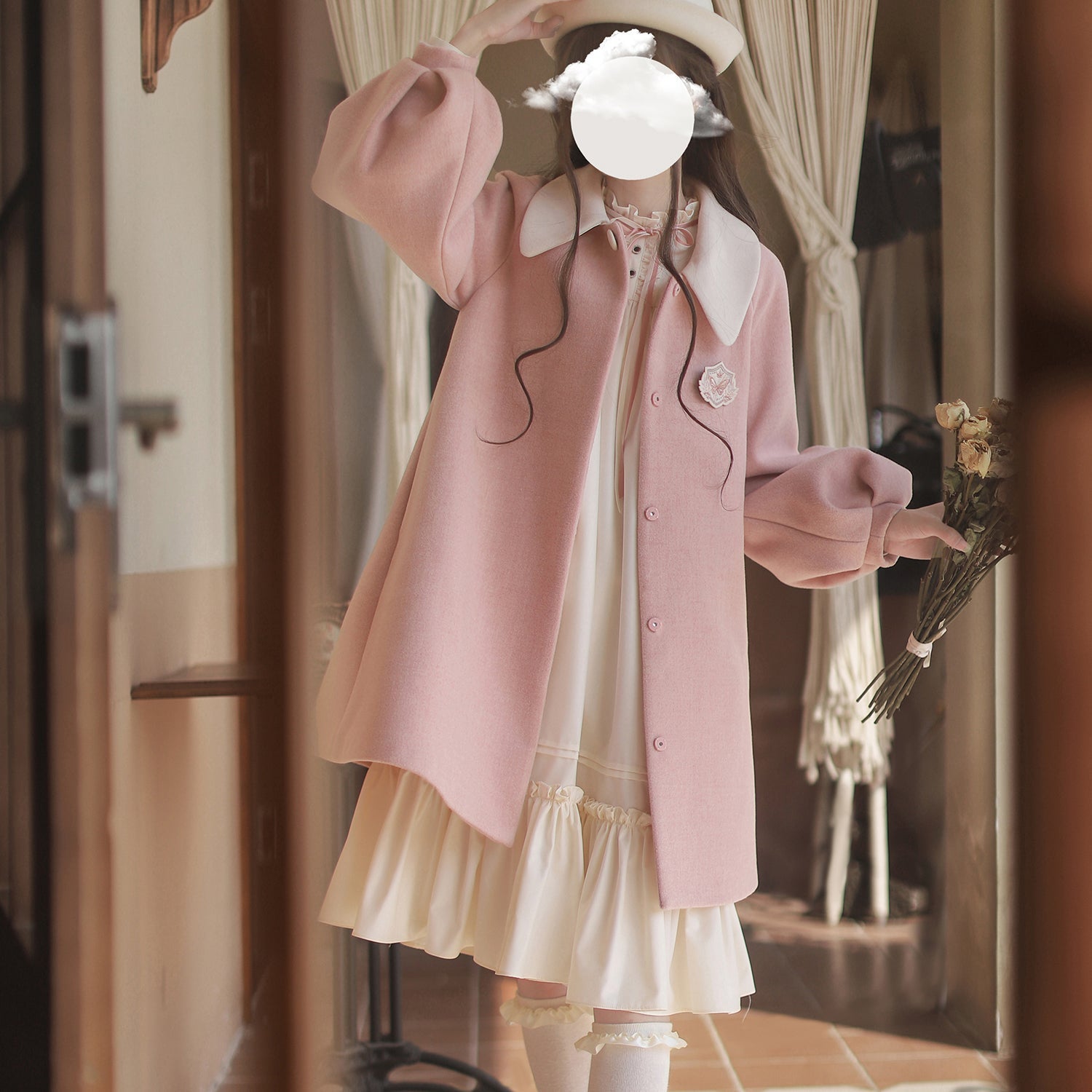 Cherry-colored lady's wool coat and frilled dress – remulia