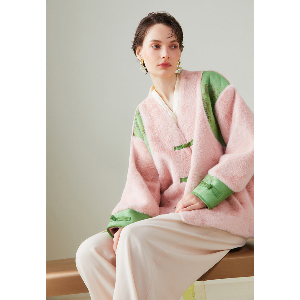桜色と花絵画のチャイナボアジャケット