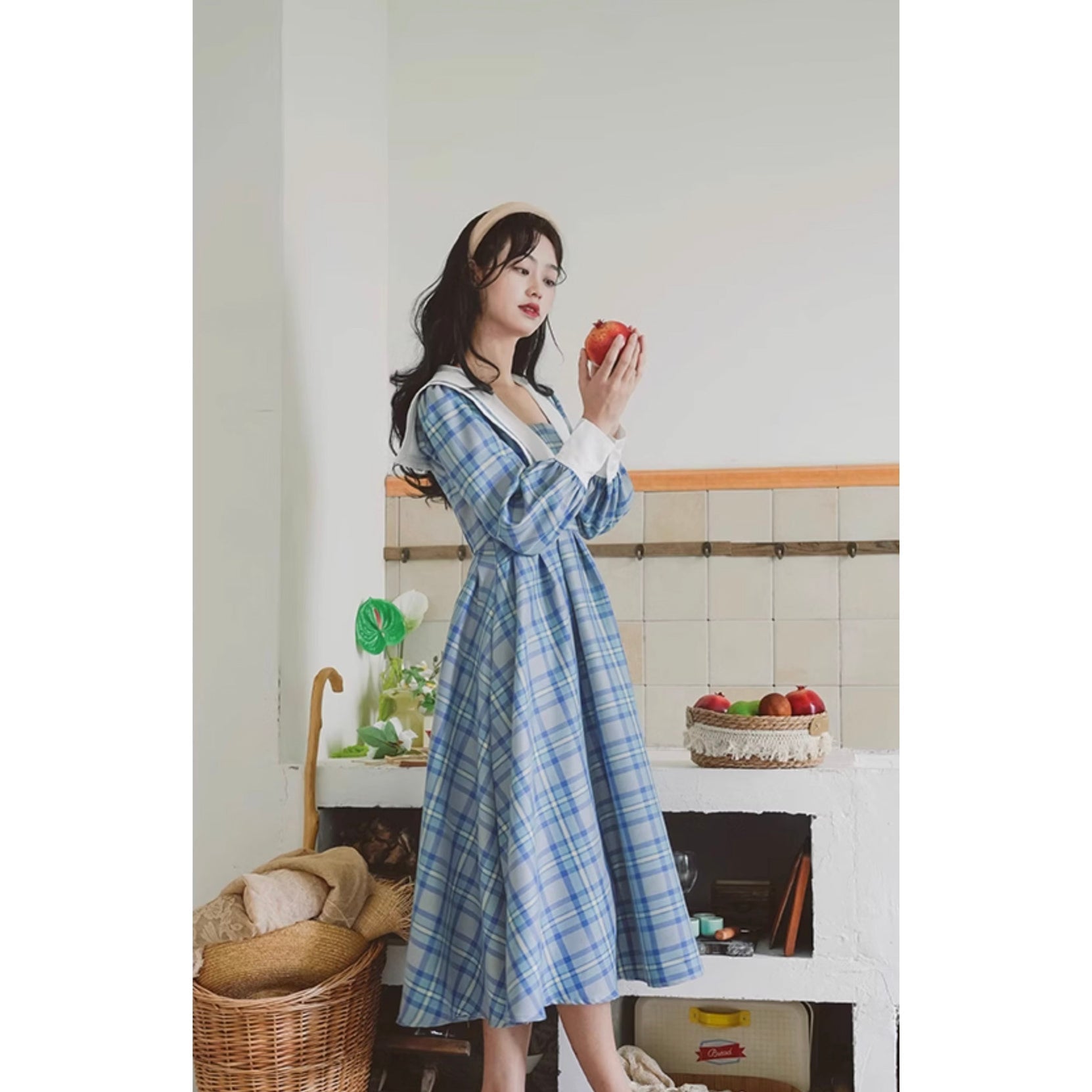 Light blue plaid big collar dress