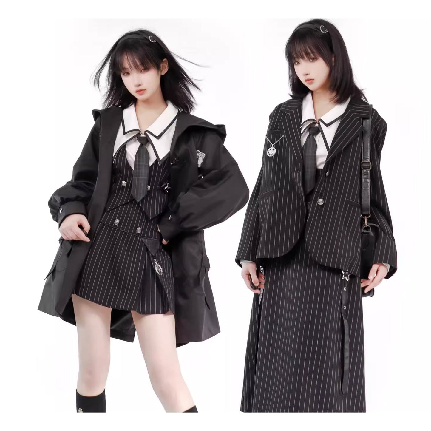 Black Striped Literary Girl Top and Bottoms