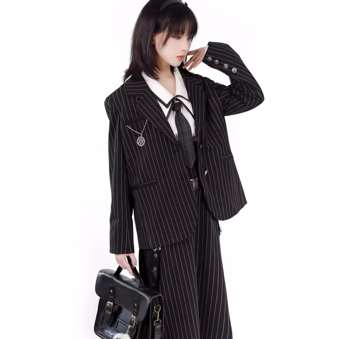 Black Striped Literary Girl Top and Bottoms