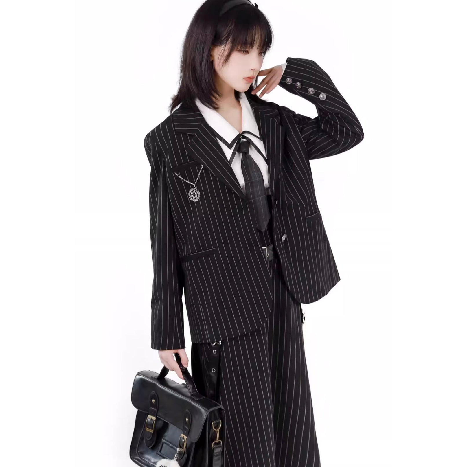 Black Striped Literary Girl Top and Bottoms