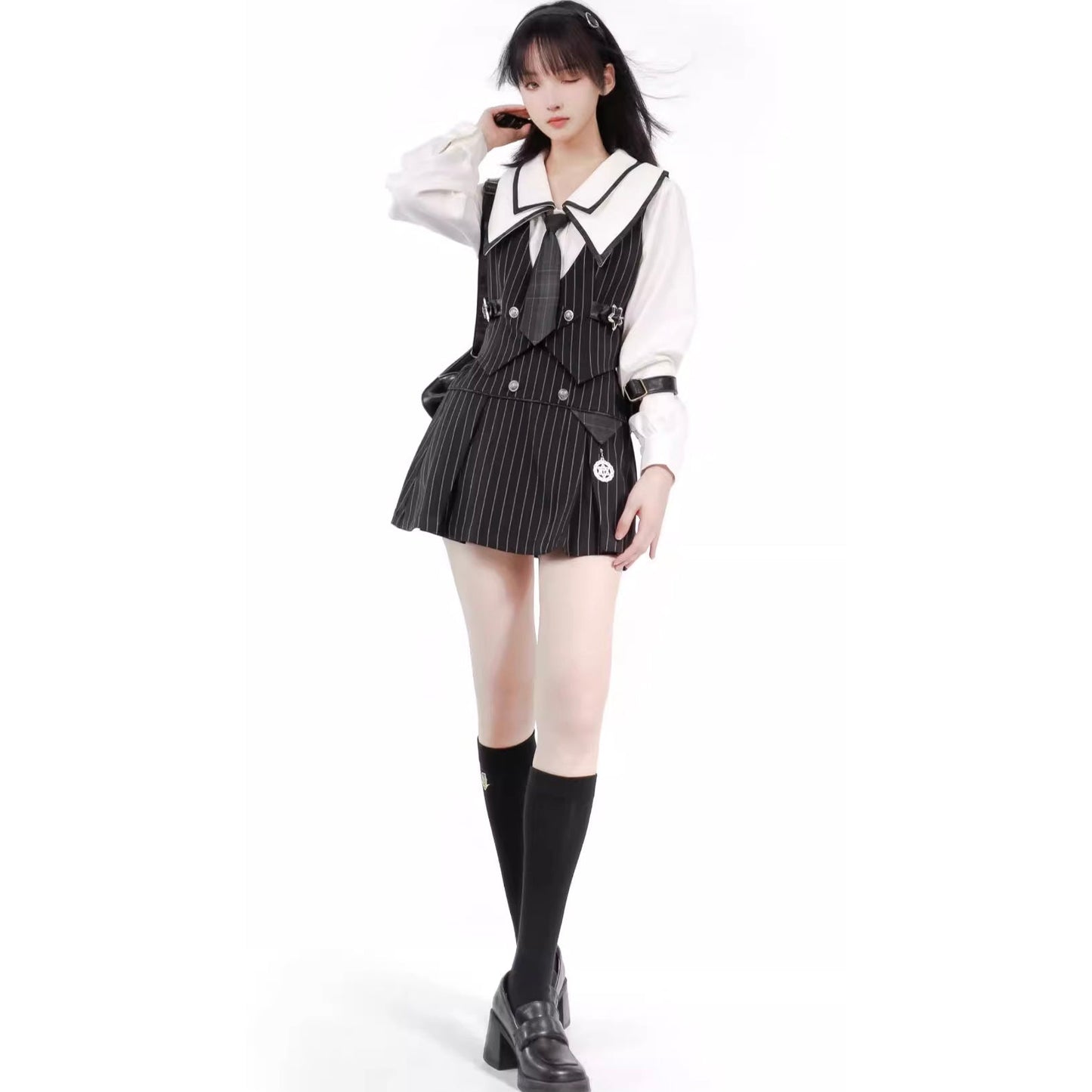 Black Striped Literary Girl Top and Bottoms