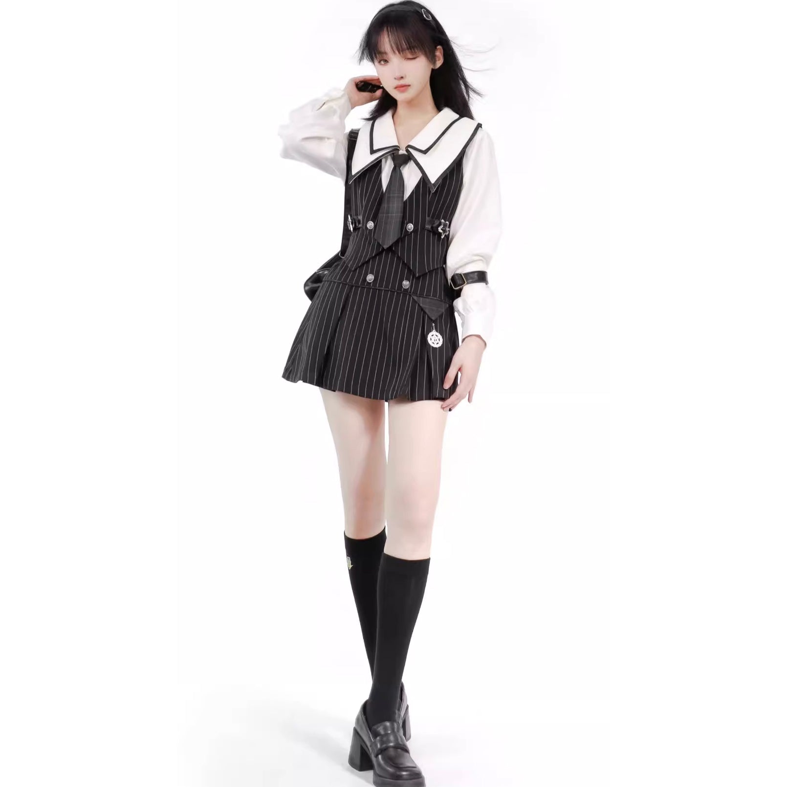 Black Striped Literary Girl Top and Bottoms