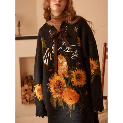 向日葵の花と猫の刺繍ルーズニットセーター