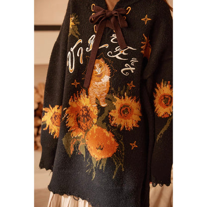 向日葵の花と猫の刺繍ルーズニットセーター