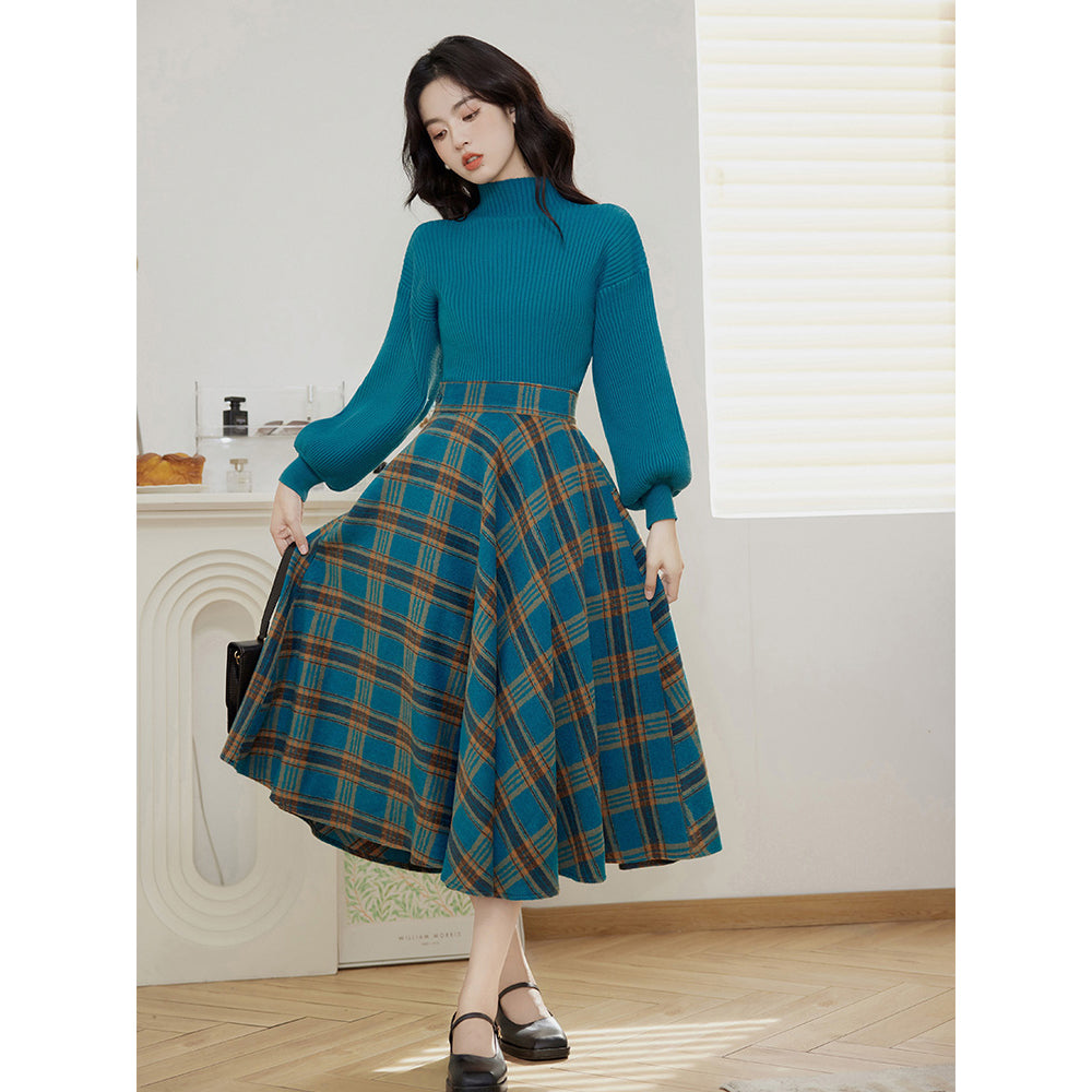 Jade plaid retro skirt and puff sleeve sweater – remulia