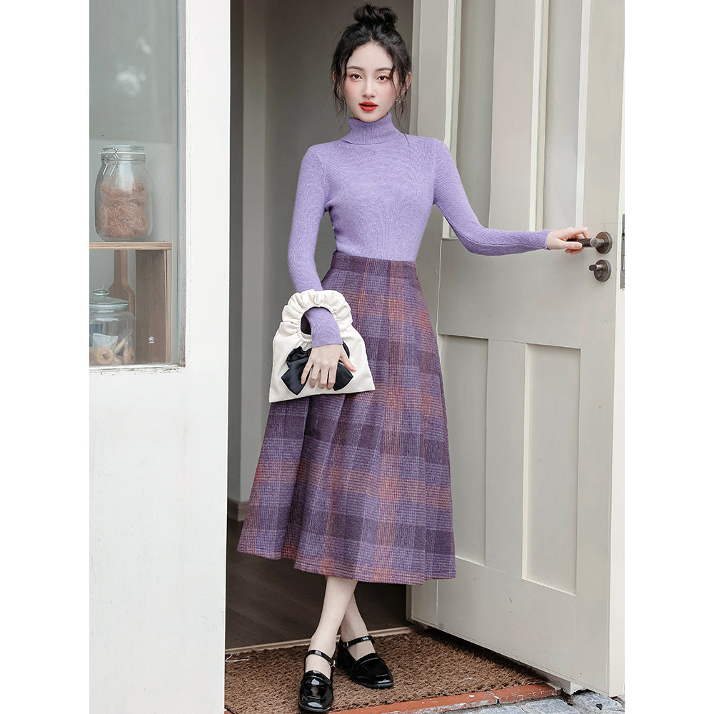 Vintage Skirt Purple Plaid Skirt Knee Length Gothic Plaid Mini Skirt Women Vintage Lace Up High Waist Draped A-line Pleated Skirts Casual Plus Size