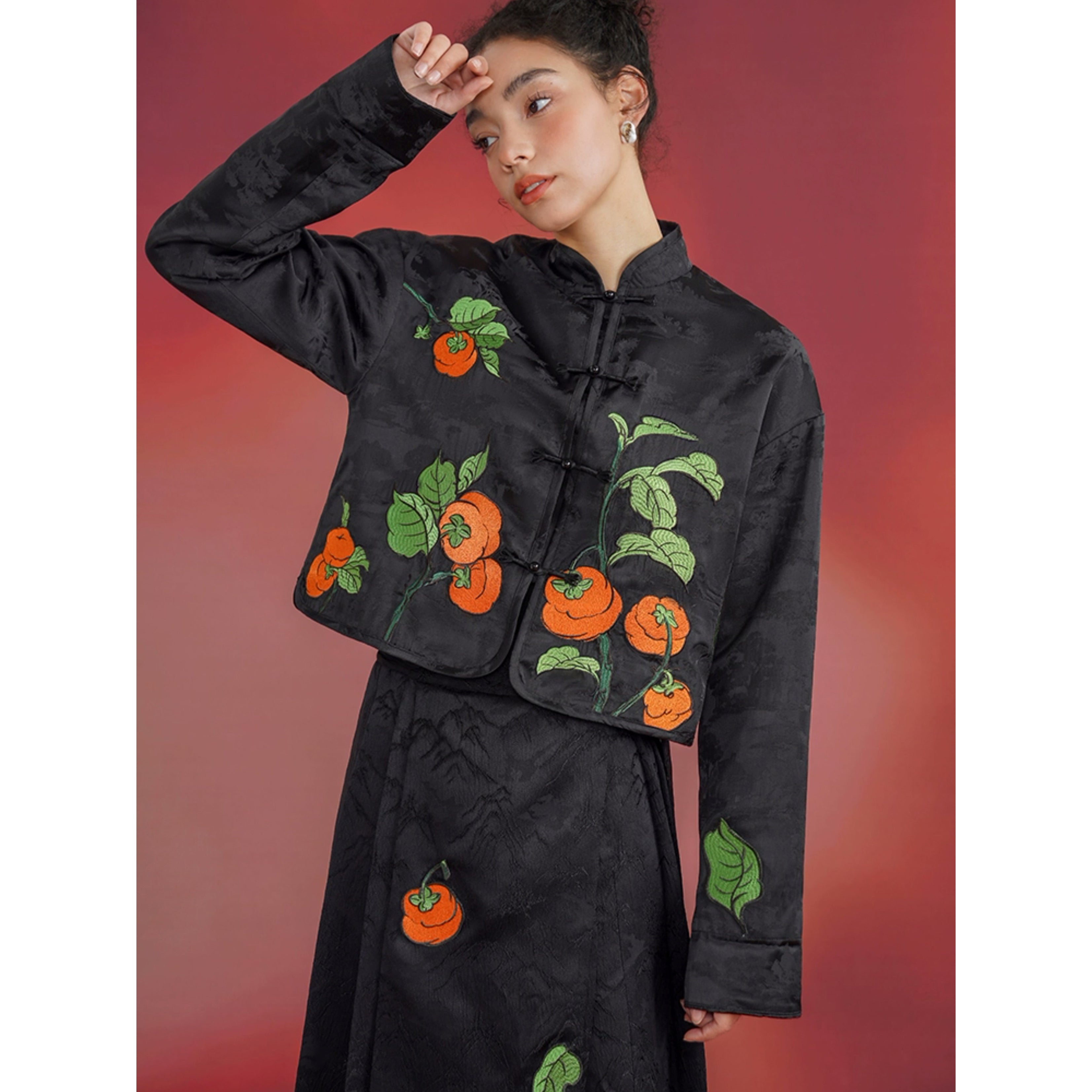 Black persimmon fruit embroidery cheongsam jacket – remulia