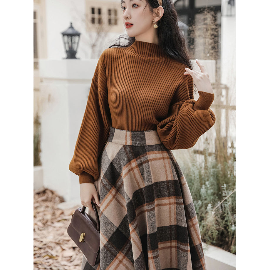 Movie actress plaid retro skirt and high neck sweater remulia