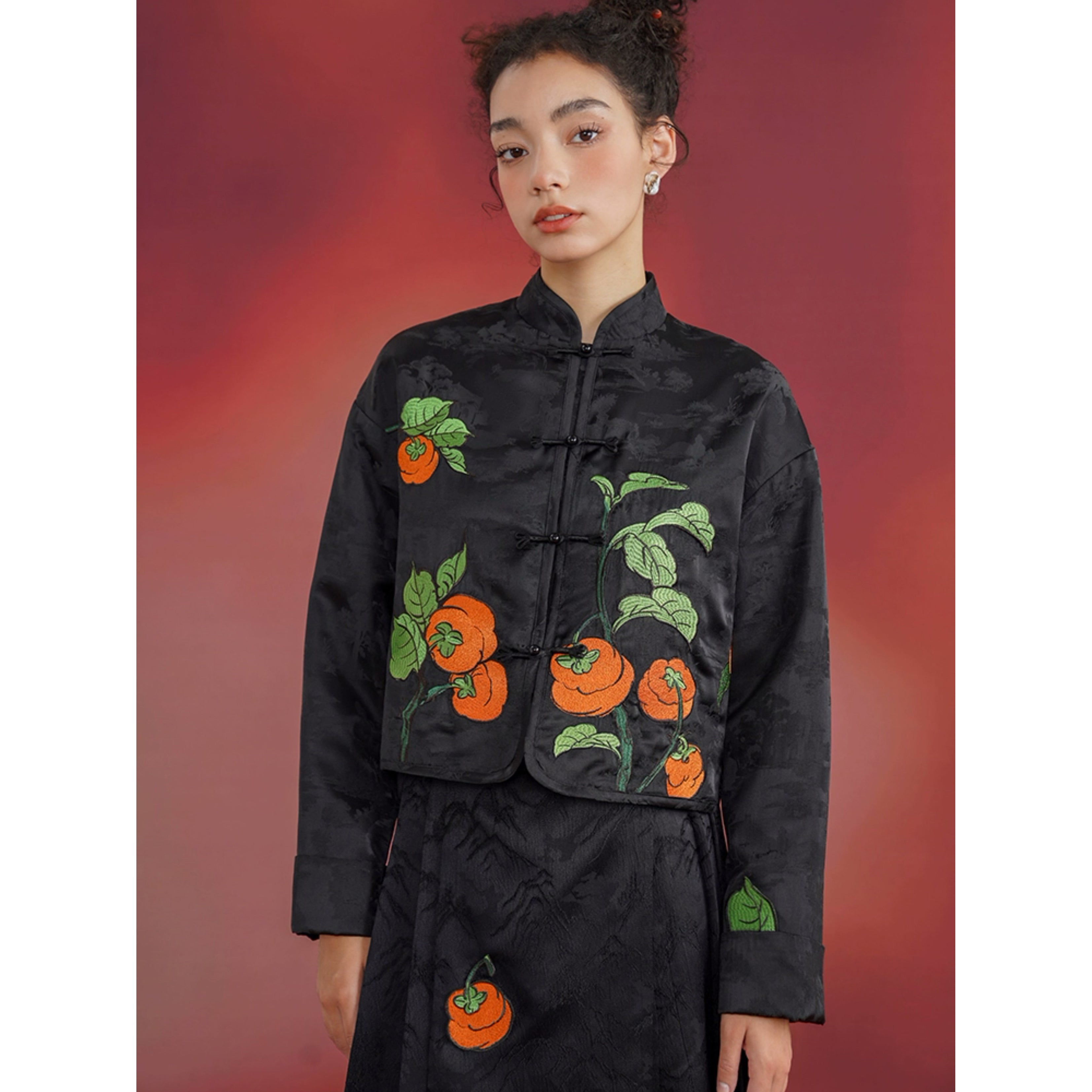 Black persimmon fruit embroidery cheongsam jacket – remulia