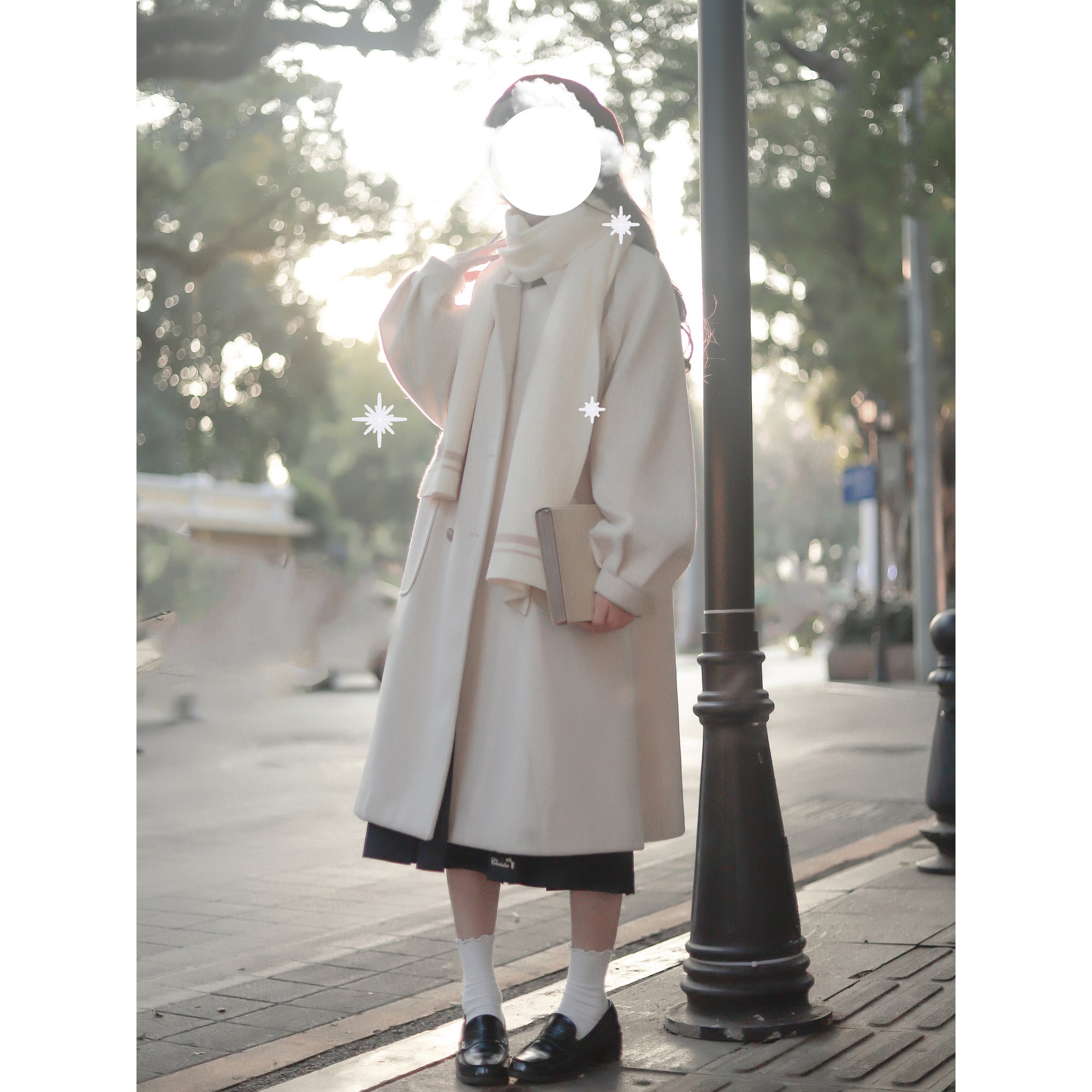 Puff sleeve wool long coat and line muffler