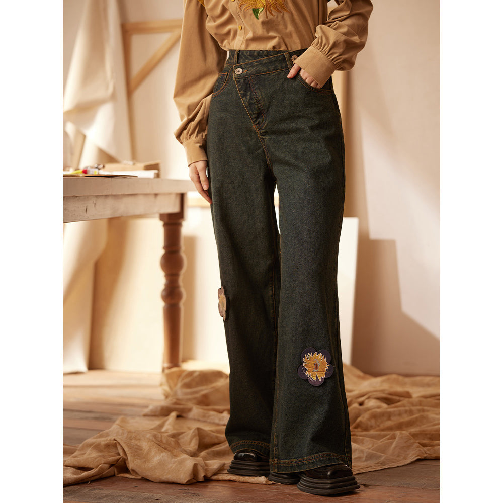 Sunflower embroidery flare denim pants