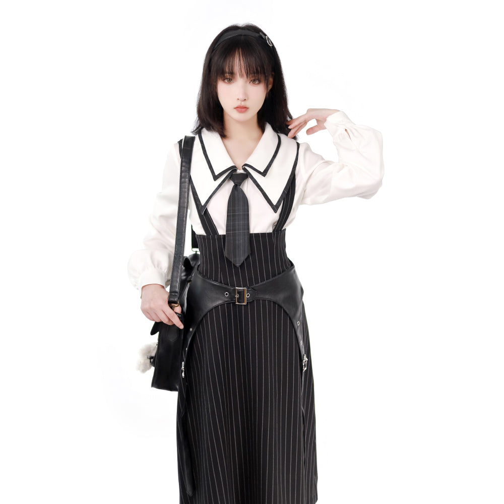 Black Striped Literary Girl Top and Bottoms