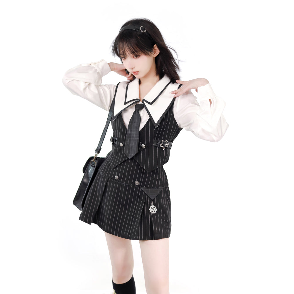 Black Striped Literary Girl Top and Bottoms