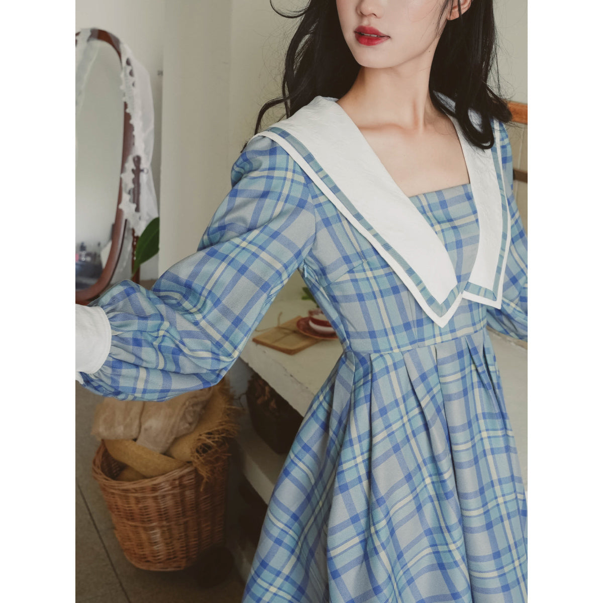 Light blue plaid big collar dress