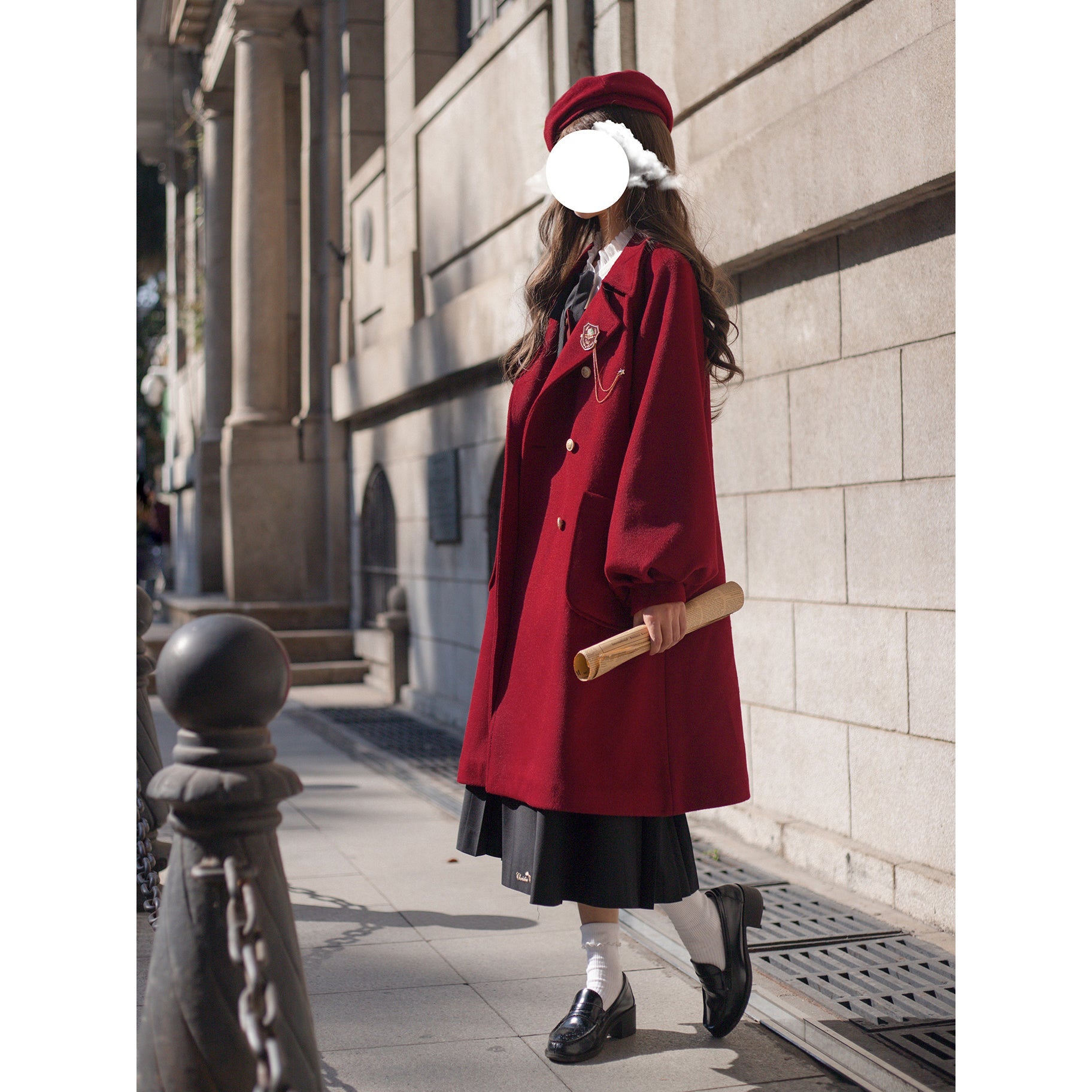 Puff sleeve wool long coat and line muffler – remulia