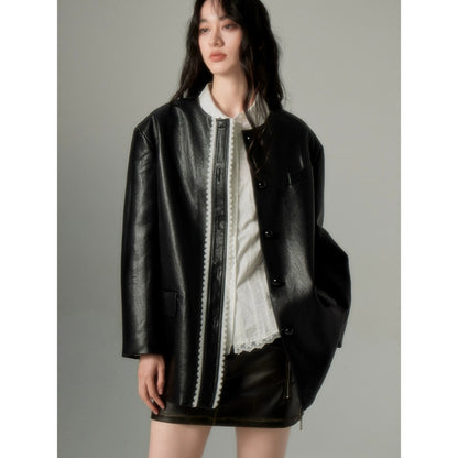 Retro Leather Jacket with Ruffle Collar