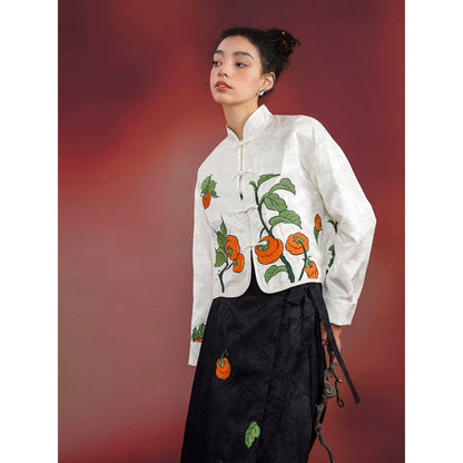 柿の実の刺繍チャイナジャケット（ホワイト）[2024年3月上旬発送予定]