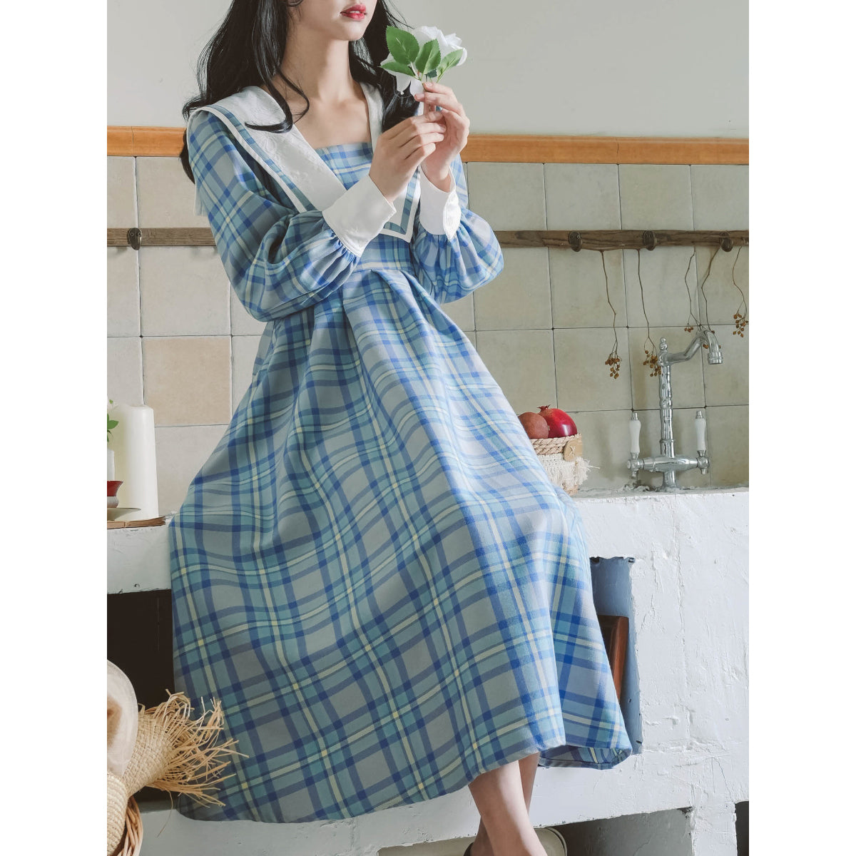 Light blue plaid big collar dress Light blue plaid big collar dress