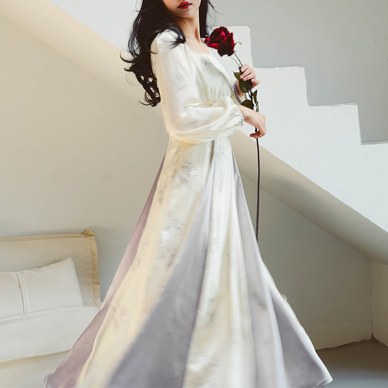 satin fairy dress The Festive Fairy Satin Gown | Hollow Lace Waist Trainer Midi | Glossy Puff Sleeve Fairy Dress