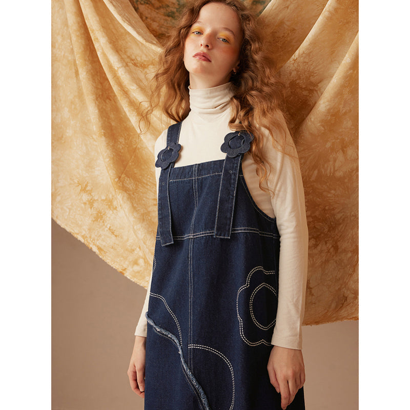 濃紺の花びら刺繍デニムジャンパースカート – remulia