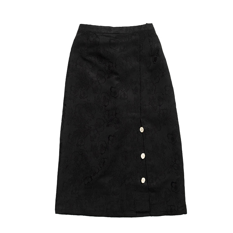 Embossed flower side slit black straight skirt