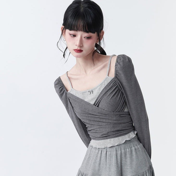 Fake two-piece wrap-style knitted sweater