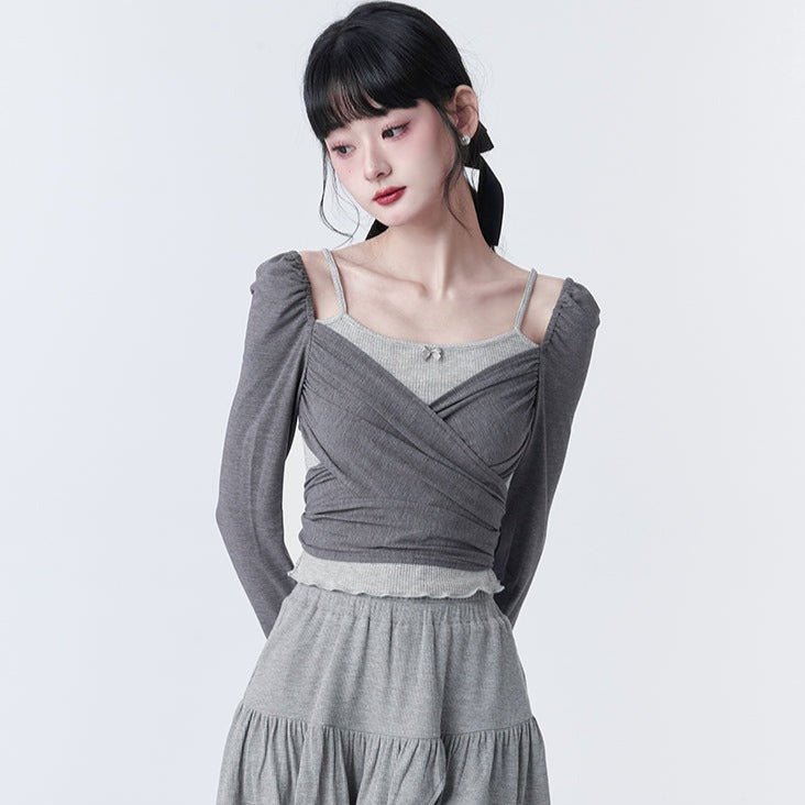 Fake two-piece wrap-style knitted sweater