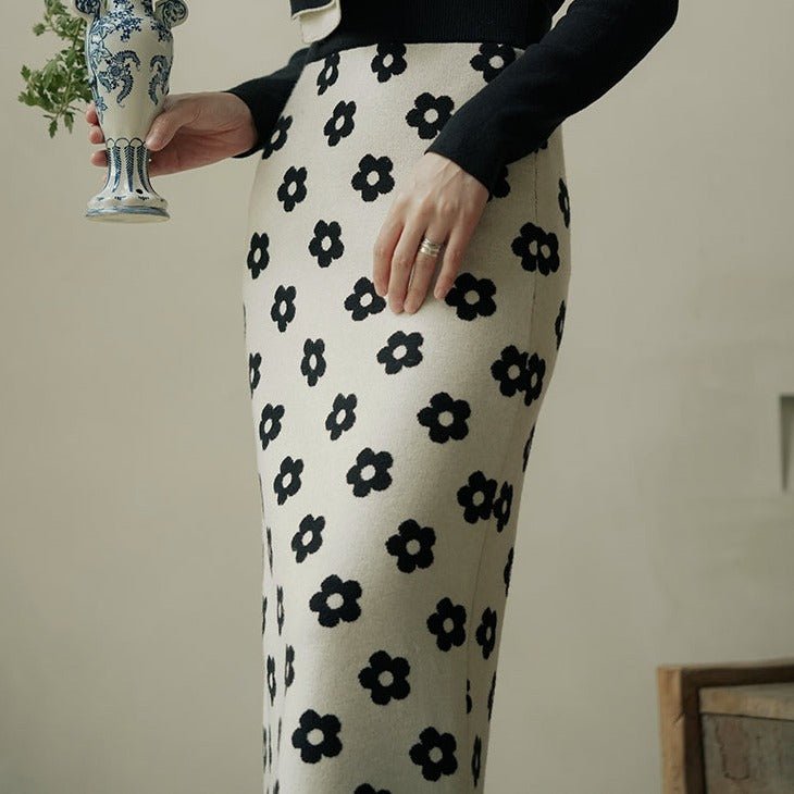 Floral knit skirt middle-length loose straight skirt