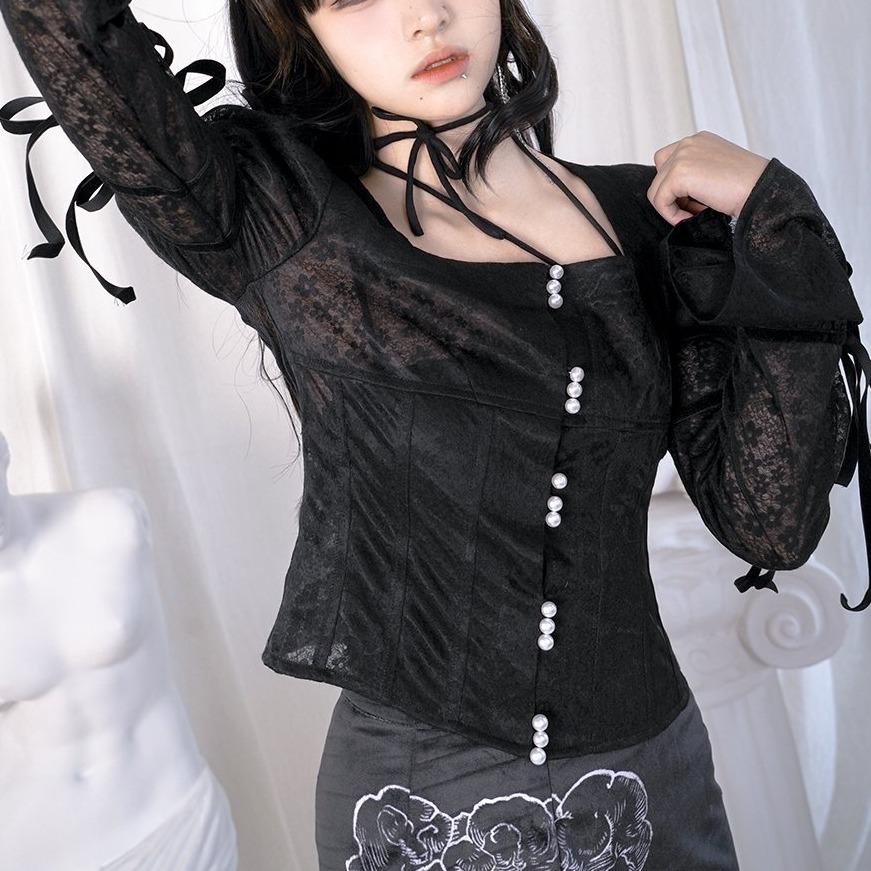 Flower lace pearl see-through long-sleeved shirt