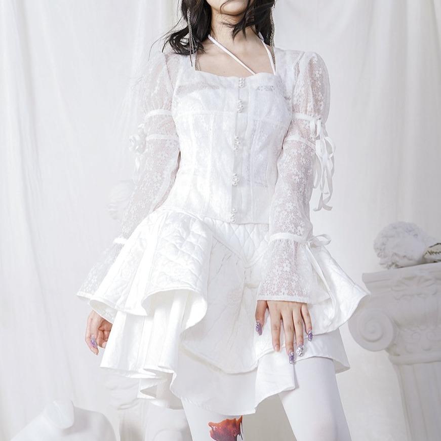 Flower lace pearl see-through long-sleeved shirt