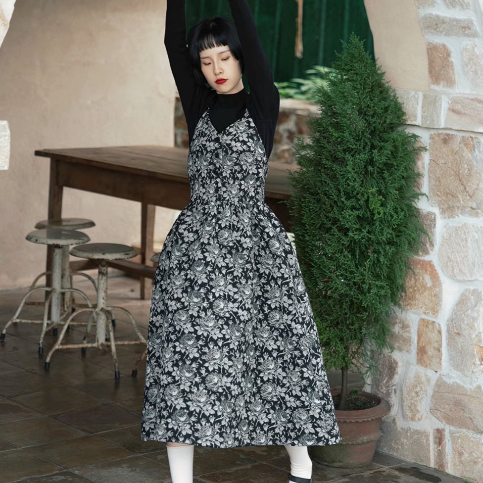 Retro French girl jacquard A-line cami dress