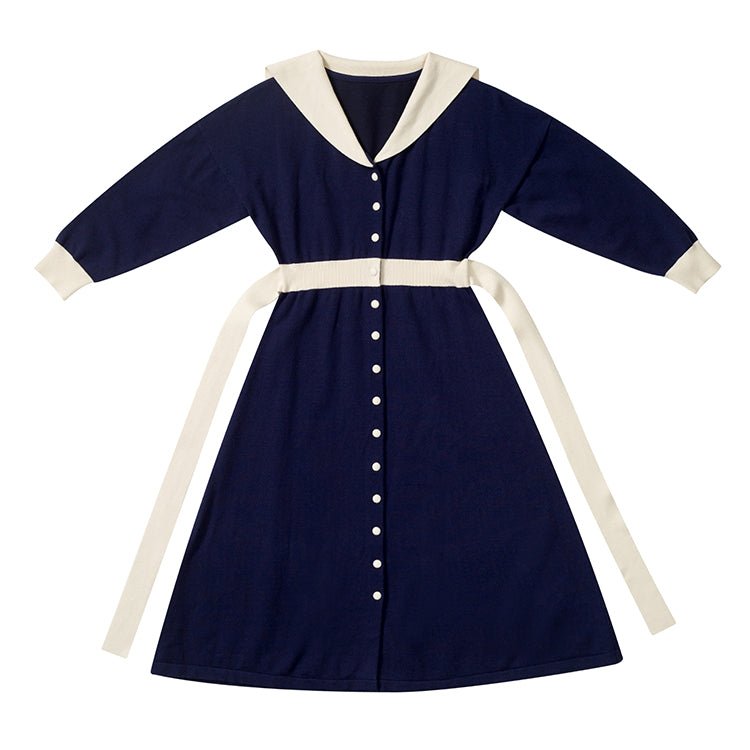 French girl knitted stretch navy collar knitted dress