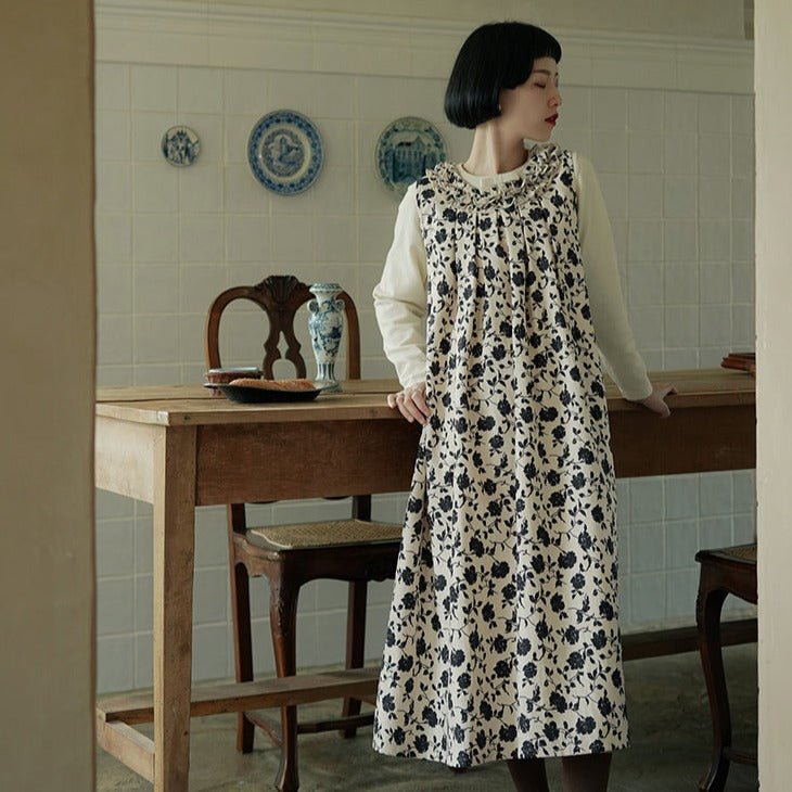 French retro print dress mid-length sleeveless vest skirt