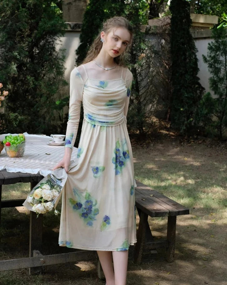 Deep blue flower French dress – remulia