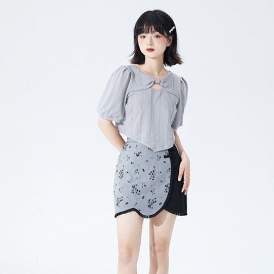 Gray bow short knitted sweater short-sleeved pullover top