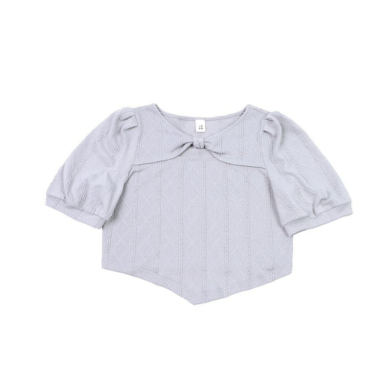 Gray bow short knitted sweater short-sleeved pullover top