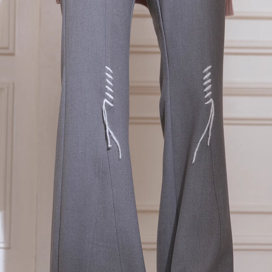 Gray handmade wool embellishment slightly stretch flared pants