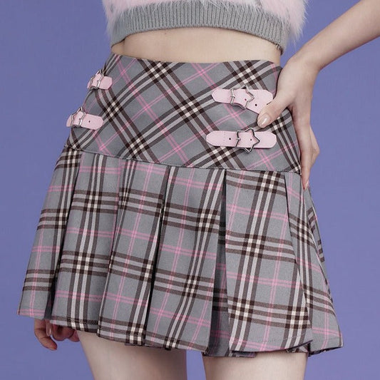 Gray pink leather buckle high waist pleated skirt