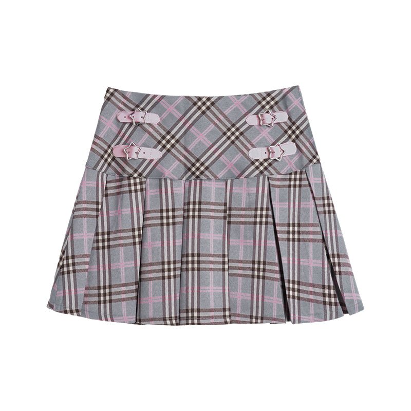 Gray pink leather buckle high waist pleated skirt