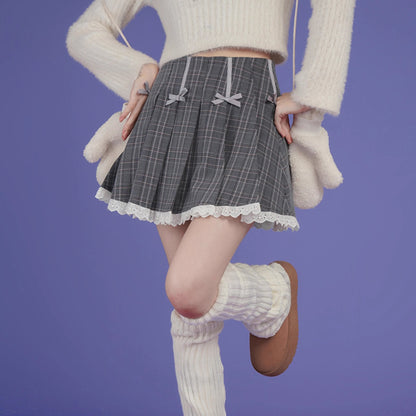 Gray plaid bow high waist skirt pleated skirt