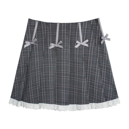 Gray plaid bow high waist skirt pleated skirt