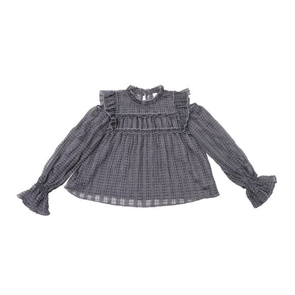 Gray plaid open shoulder wrinkled lace long-sleeved shirt