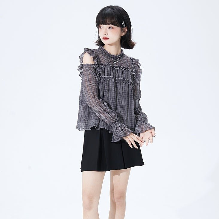 Gray plaid open shoulder wrinkled lace long-sleeved shirt